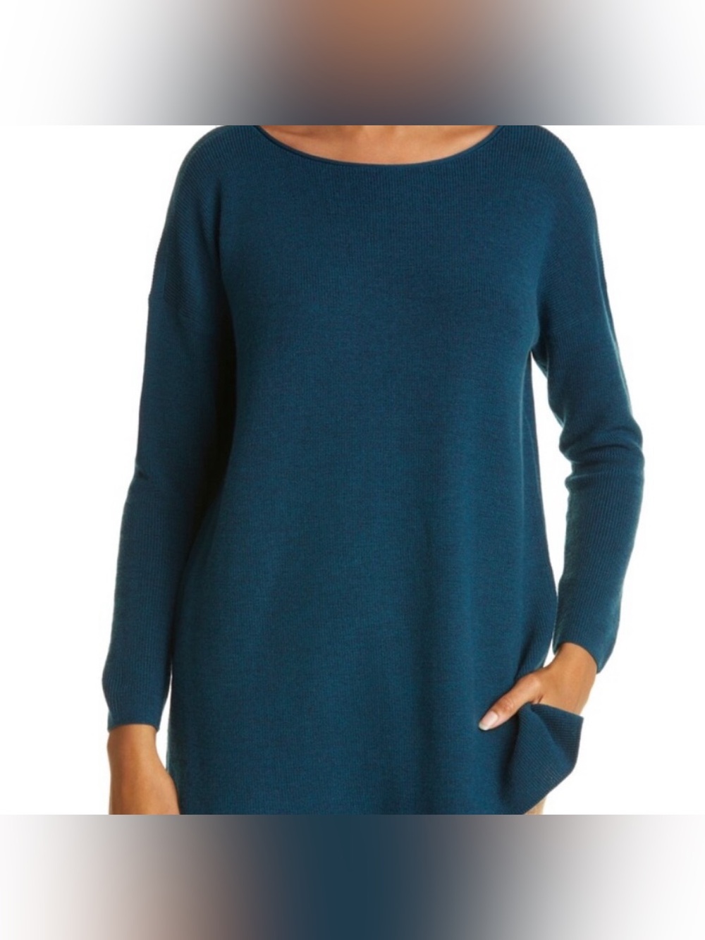 Eileen Fisher Merino Wool Boat Neck Tunic Size Small Petite Blue Minimalist